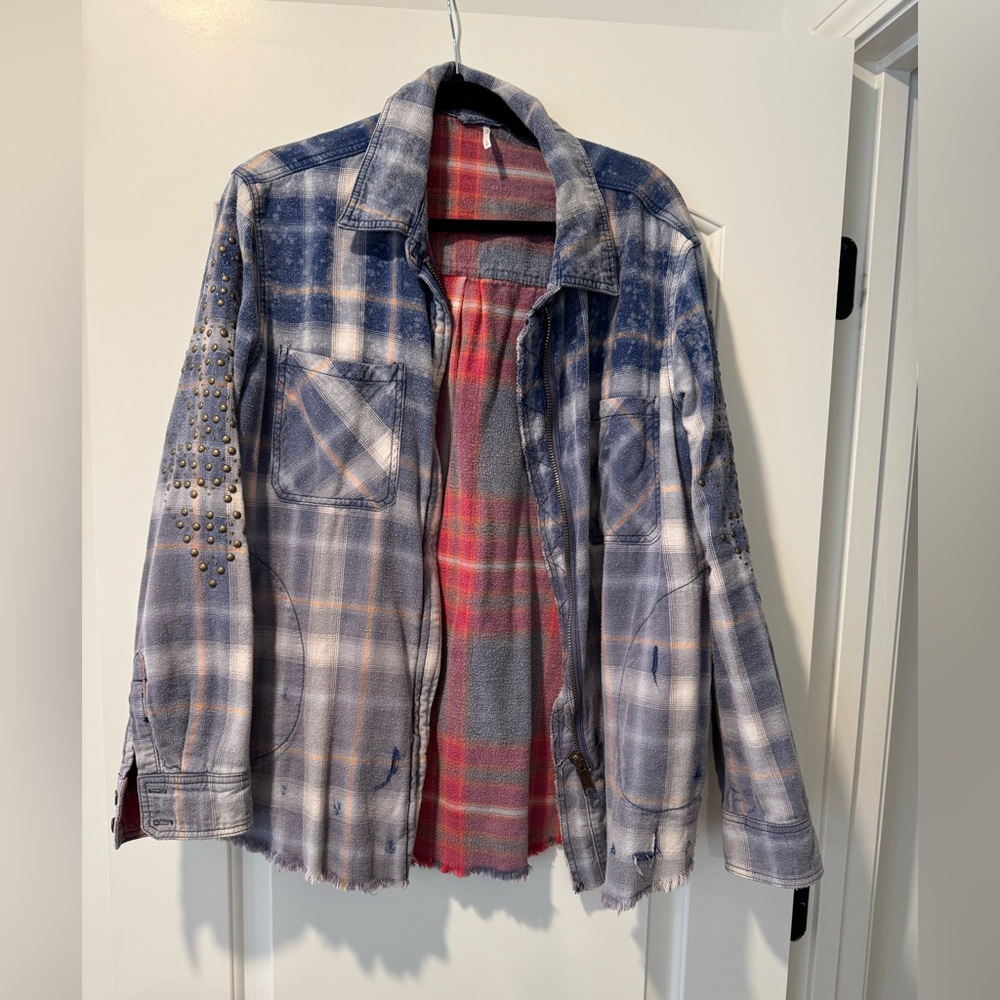 Free People Studded Plaid Utility Jacket in Blue and Red